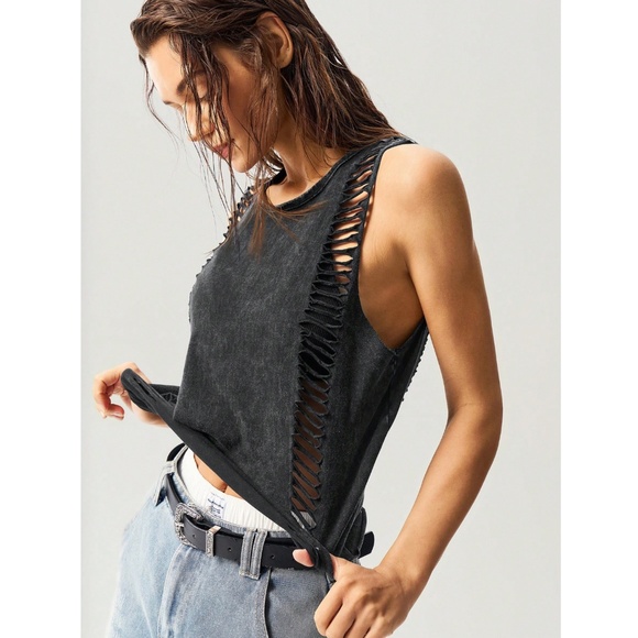 Cotton Grey Distressed Tank Top Loose Fit - Picture 5 of 9